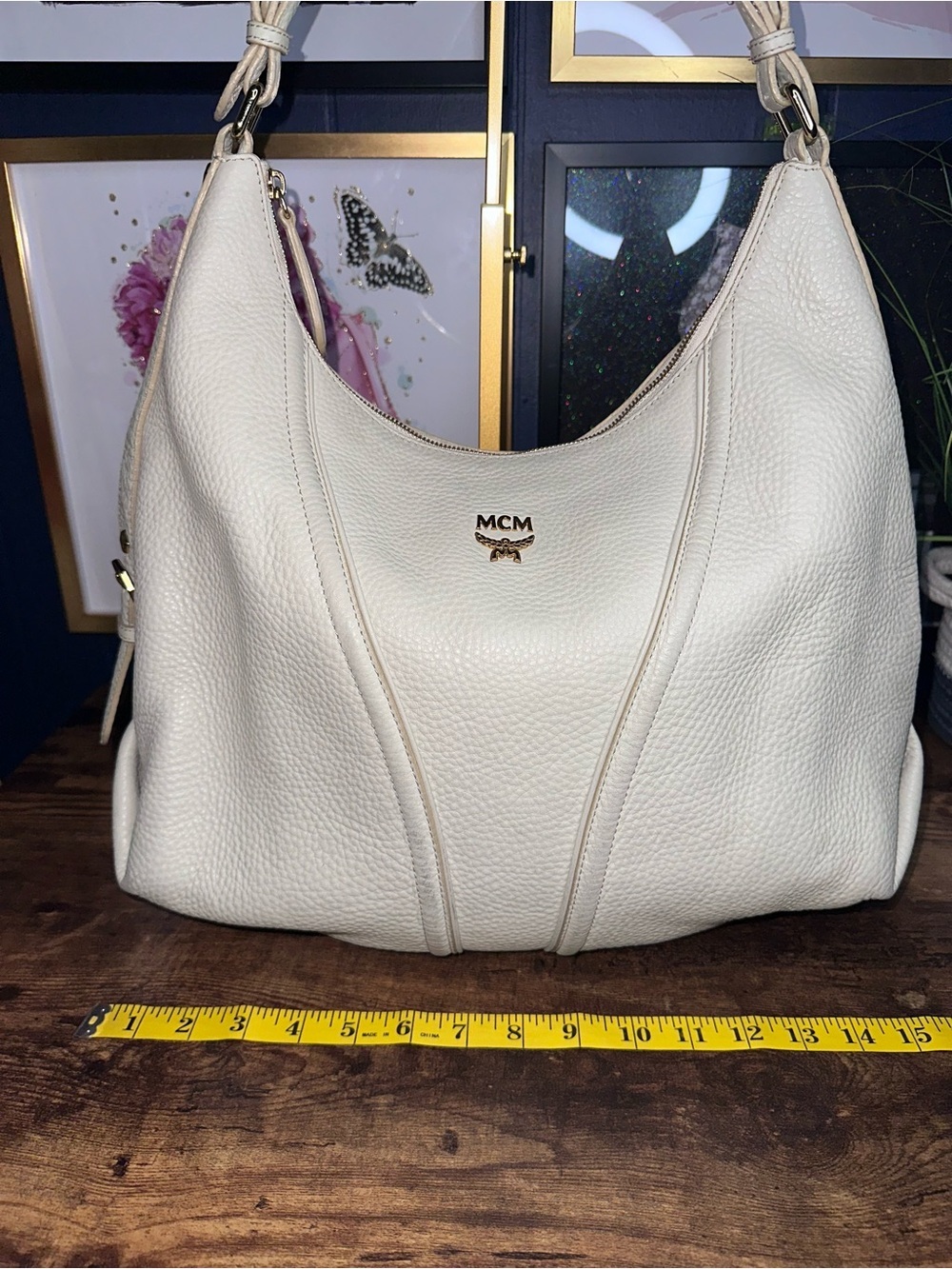 Vintage White Pebbled Leather MCM Hobo Shoulder Bag Gold Hardware - Picture 14 of 16
